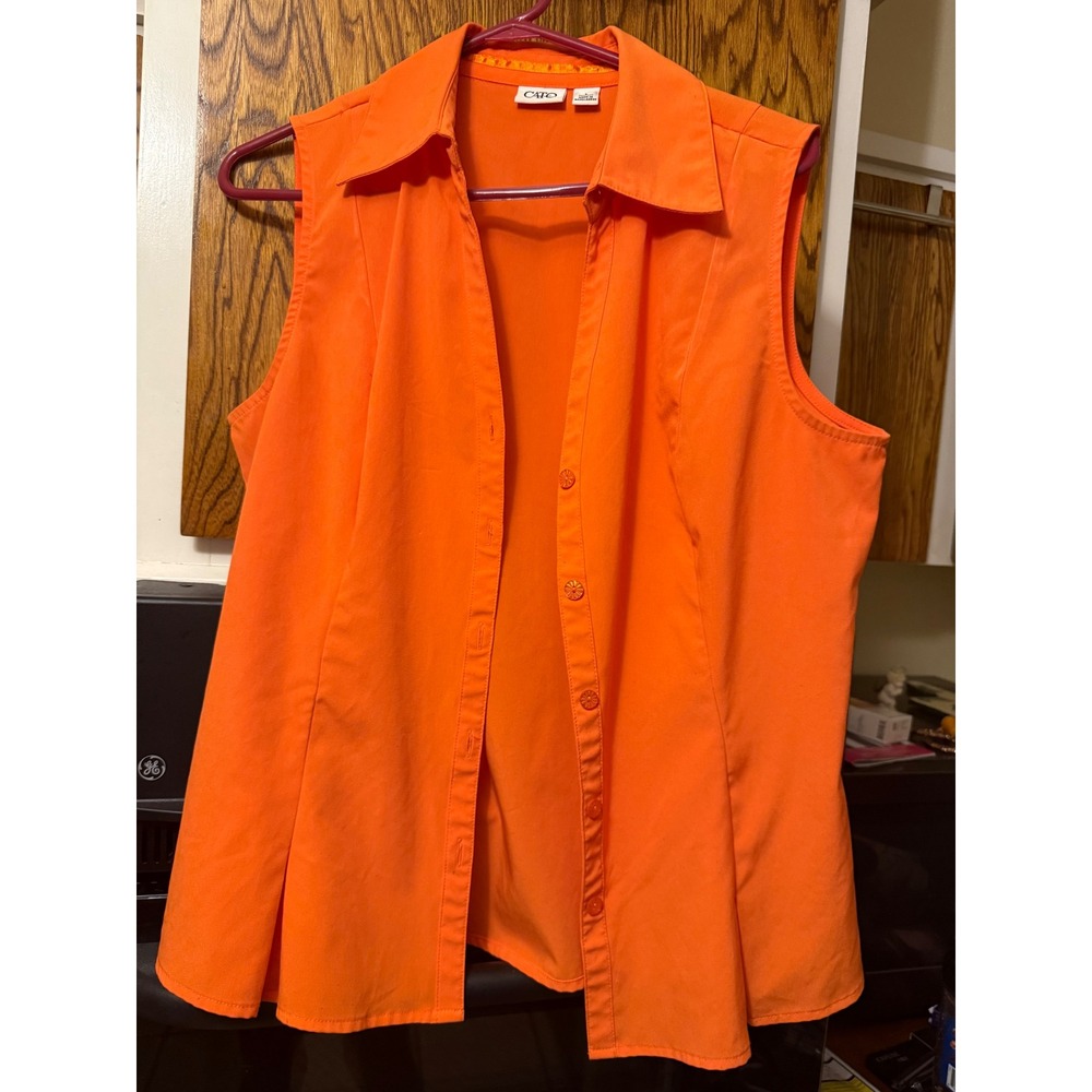 Cato Womens Lg Orange Sleeveless Button Down Blouse Shirt Collared‎ Pleated Hem